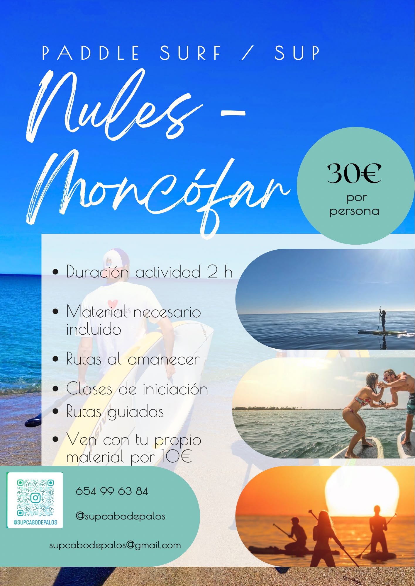 Cartel de actividades de paddle surf en Nules y Moncofa