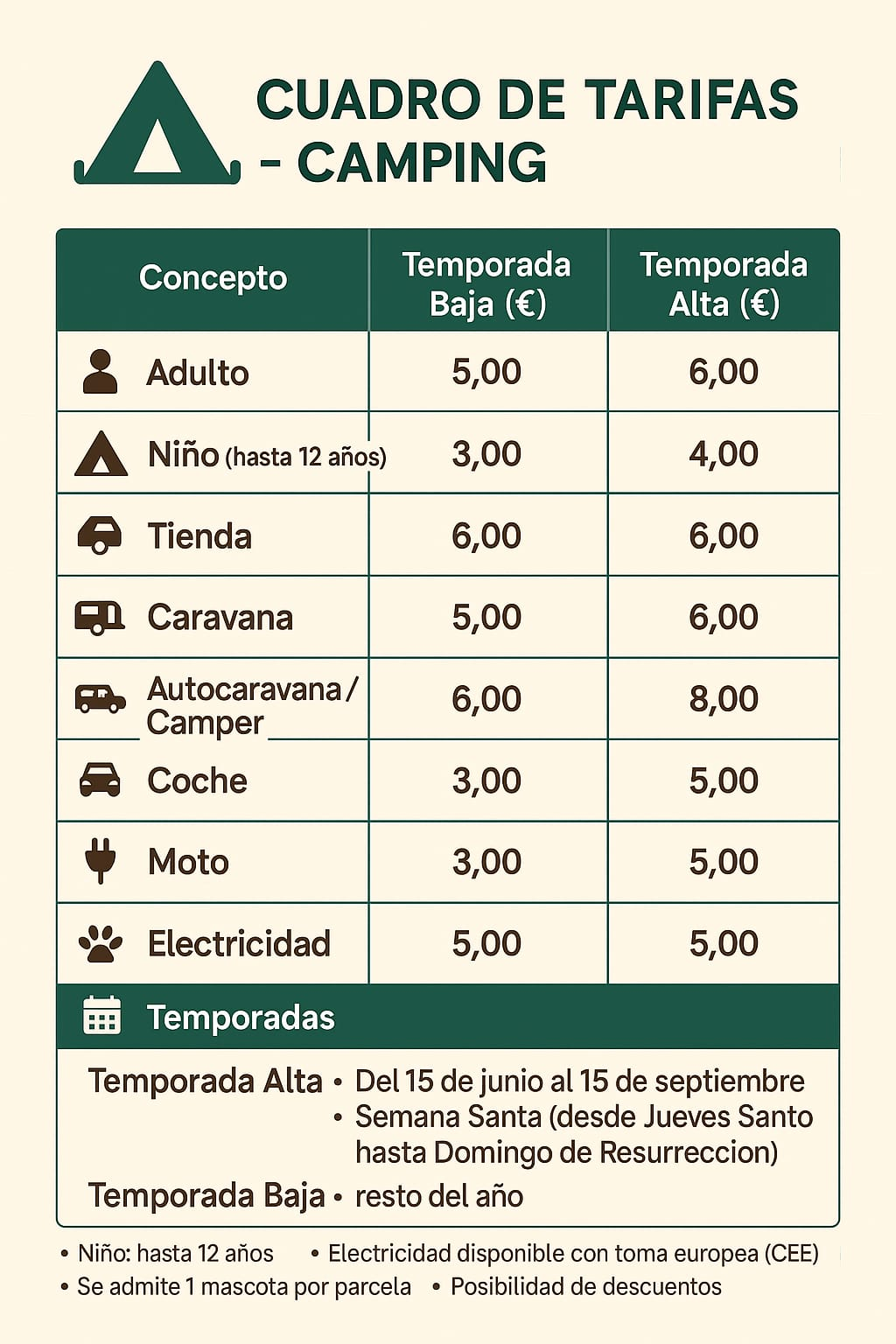 Tarifas Camping Levante