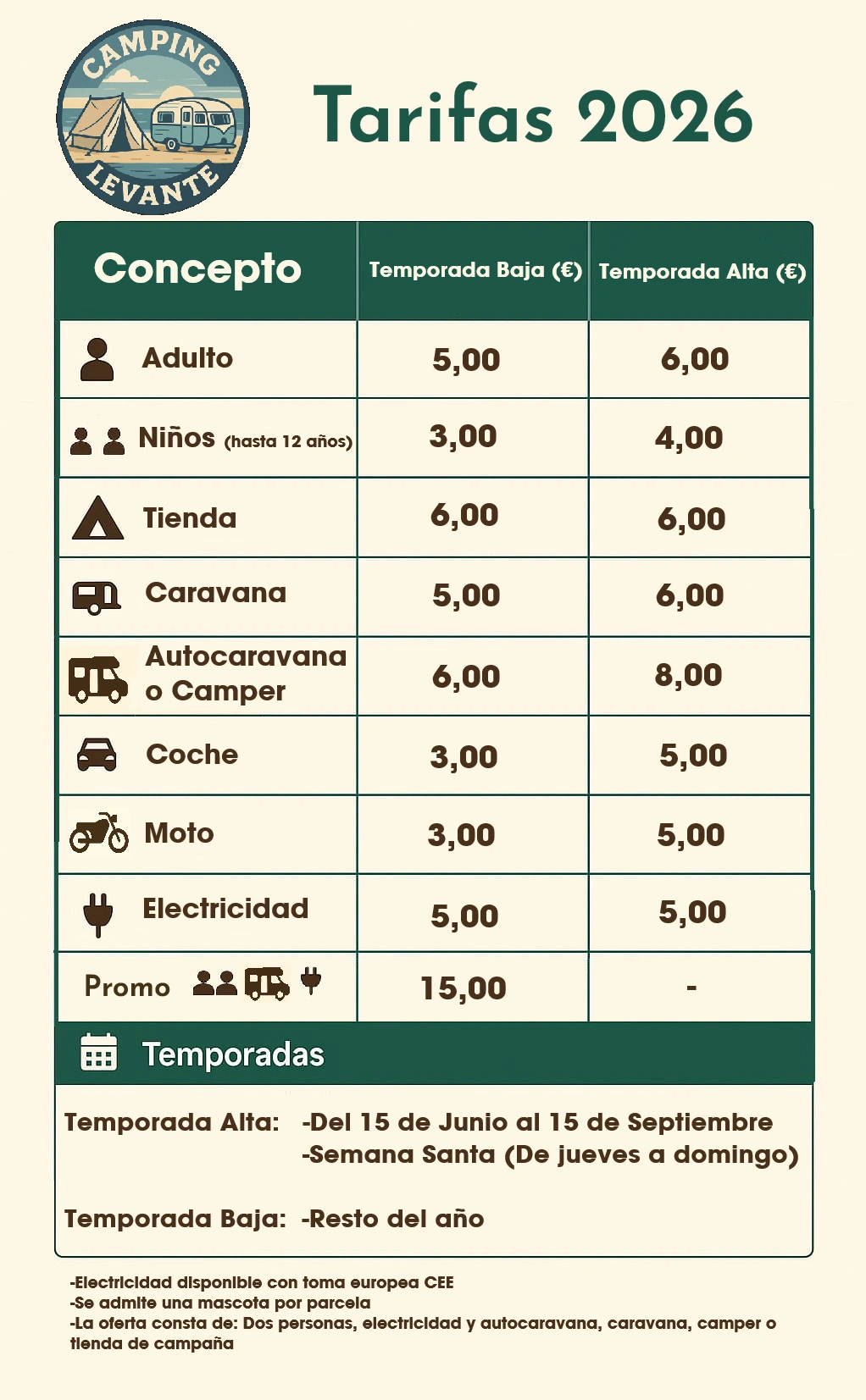 Tarifas Camping Levante